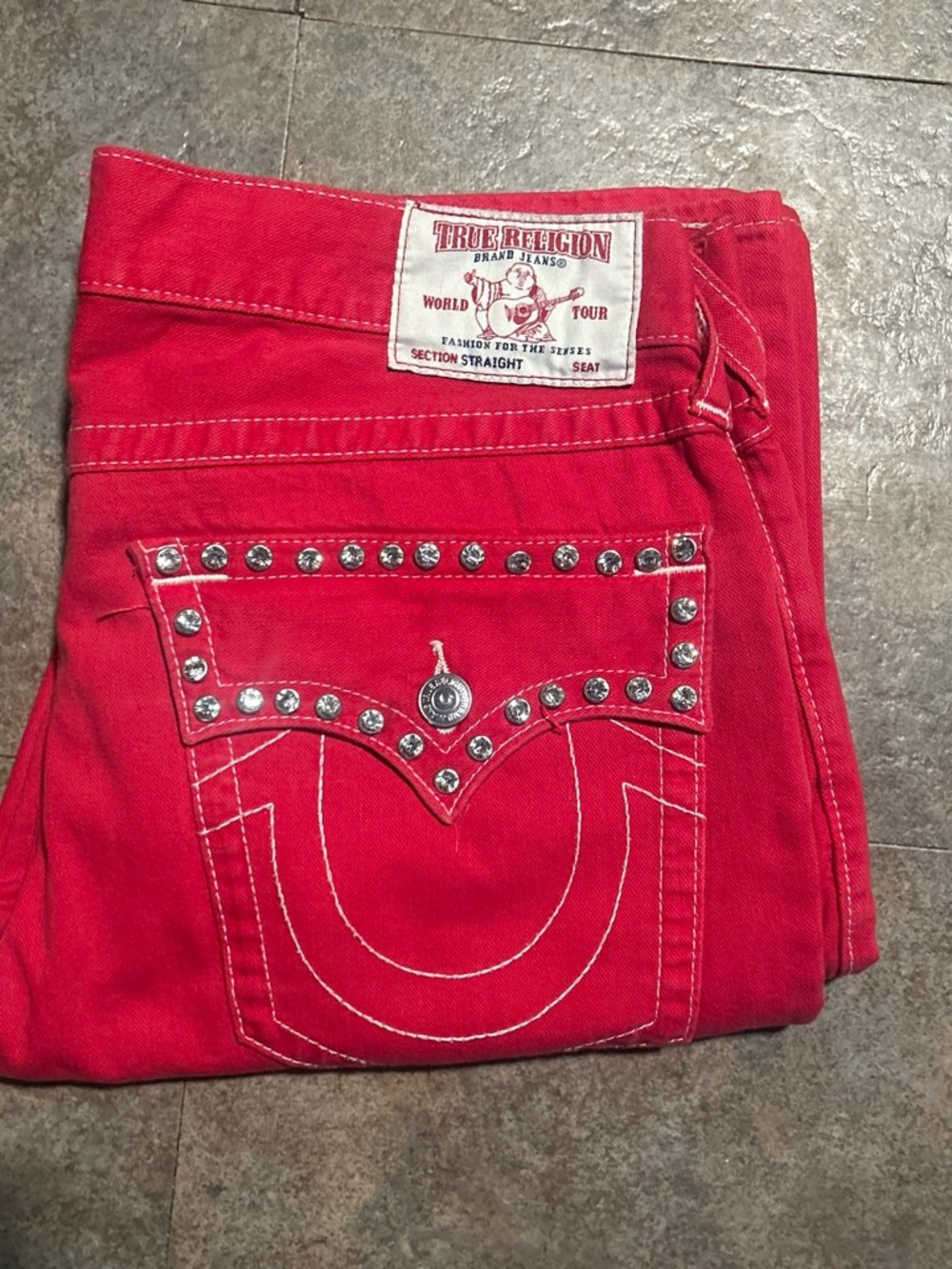 True Religion Men's Red Studded Straight Jeans